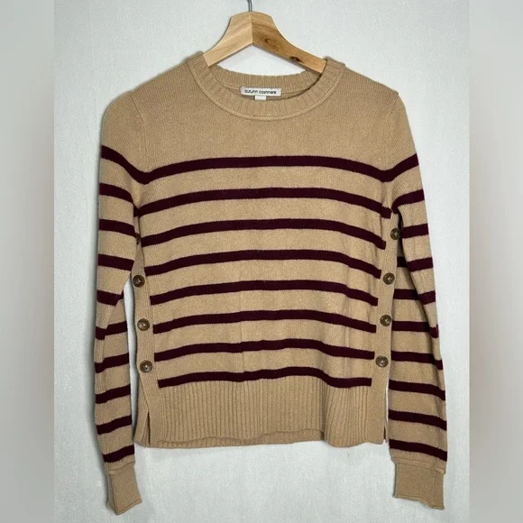 Autumn Cashmere Striped 100% Cashmere Side Button Sweater Tan Burgundy - Small - Picture 2 of 4